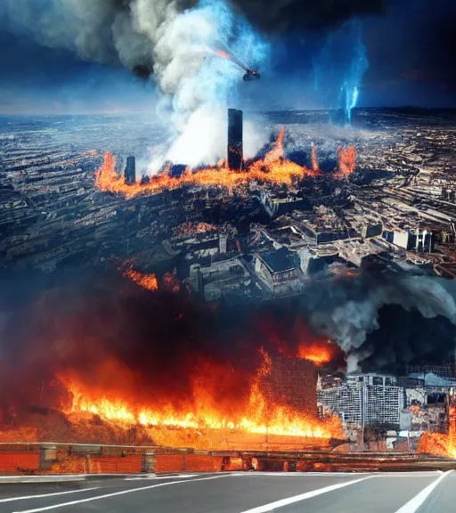 Prompt: Powerful giant destroying city, everything in fire, realistic photo, high detailed