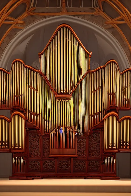 Image similar to a detailed render of an isolated lonely pipe organ in a church, with large golden pipes, trending on artstation, render, 3 d, octane, 4 k, 8 k, unreal engine, cinema 4 d