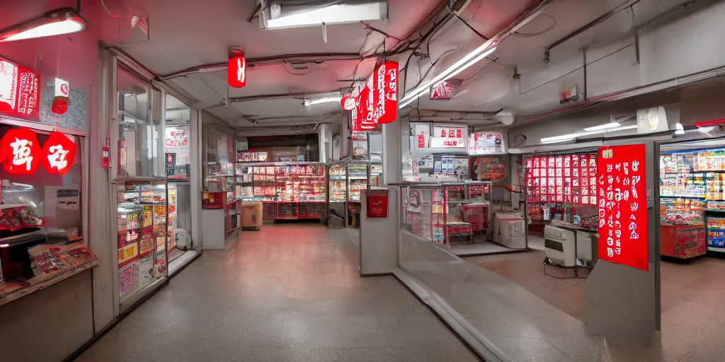 Prompt: interior of a japanese convenient store after midnight, large windows with a view of a parking lot, grey interior, low lights, red glow of japanese neon signs, kitchen in the background, desolate, cinematic, 8 k