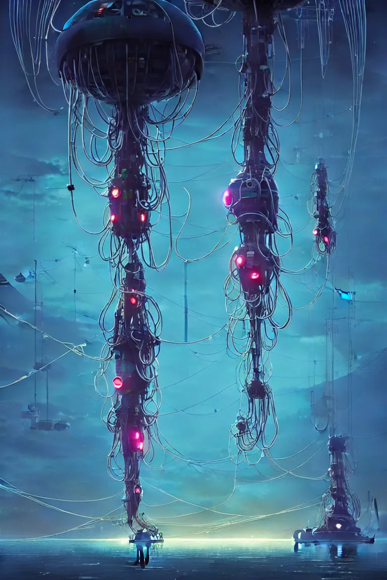 Image similar to mechanical robotic squid jellyfish spaceship with long tendrils, lots of hanging cables and wires, sci - fi concept art, by john harris, by simon stalenhag, stunning, award winning