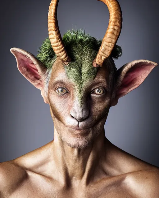 Image similar to Mauricio Macri in Elaborate Pan Satyr Goat Man Makeup and prosthetics designed by Rick Baker, Hyperreal, Head Shots Photographed in the Style of Annie Leibovitz, Studio Lighting