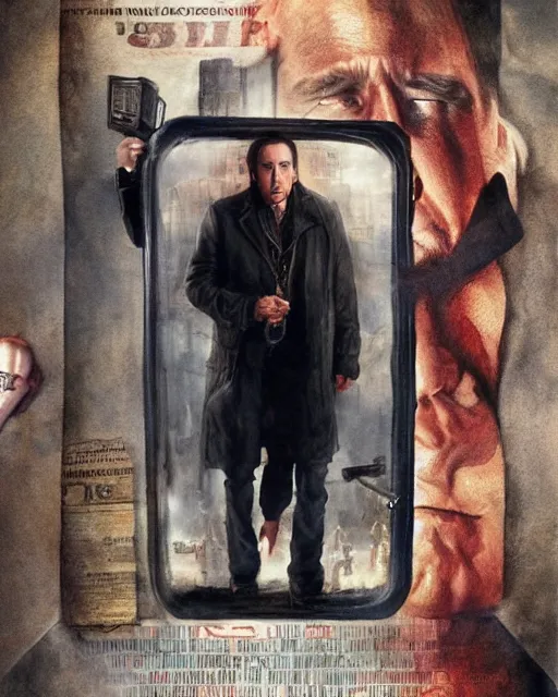 Prompt: nicolas cage in national treasure, airbrush, drew struzan illustration art, key art, movie poster