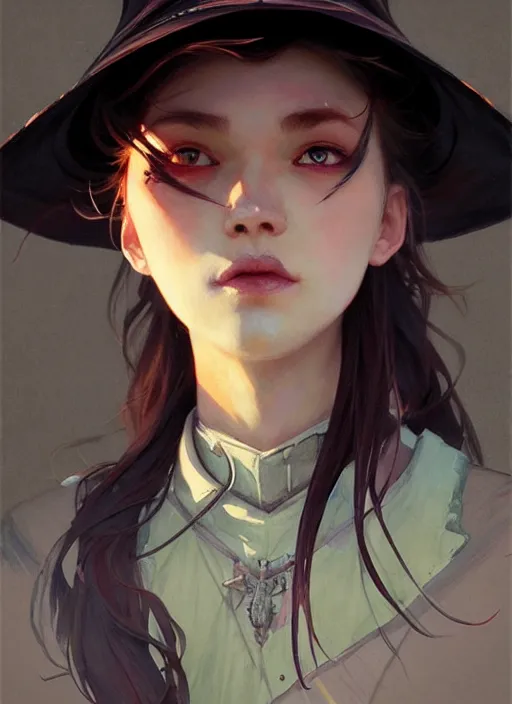 Image similar to rugged girl witch wearing magic school uniform, large wide - brimmed witch hat, cinematic, elaborate, elegant, masterpiece, illustration, digital painting, concept art, trending on artstation, pixiv, art by ruan jia and hong soonsang and wlop and artgerm and greg rutkowski and alphonse mucha