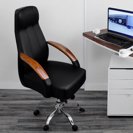 Image similar to office hair with white leather seat, circular curved wooden back, wheels, professional photography, 8k