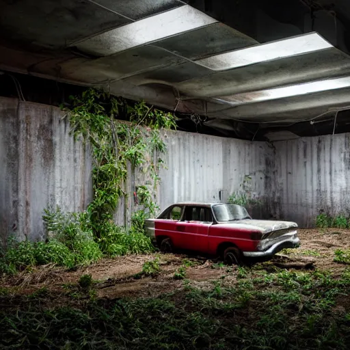 Image similar to a farm inside an abandoned car parking building, concrete, overgrown plants, giant neon sign, photo by greg girard, dark, cinematic, volumetric light