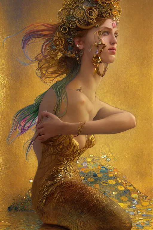 Prompt: an intricate painting of a beautiful young mermaid with klimt golden motives and textures, hyper detailed, ornamental gold headpiece, octane render, vivid colors, artstation, by jeremy mann, by alphonse mucha, by boris vallejo