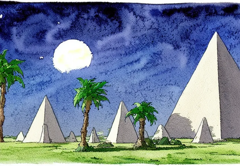 Image similar to a simple watercolor fantasy concept art of several large white pyramids with a dark grey boxy ufo from independence day ( 1 9 9 6 ) next to a palm tree at night with white pyramids in the background. by studio ghibli, rebecca guay, michael kaluta, charles vess