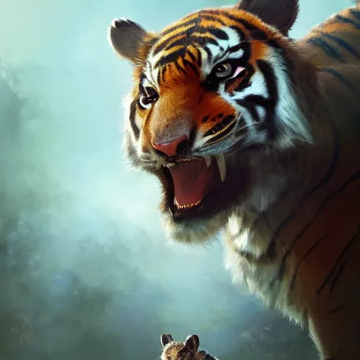 Image similar to a award winnimg commission portrait of a anthro tiger carrying a small cute bunny,digital art,art by greg rutkowski,character design by charles bowater,professional character design,ross tran,artstation,deviantart,photorealistic,detailed face,hyperdetailed,4k