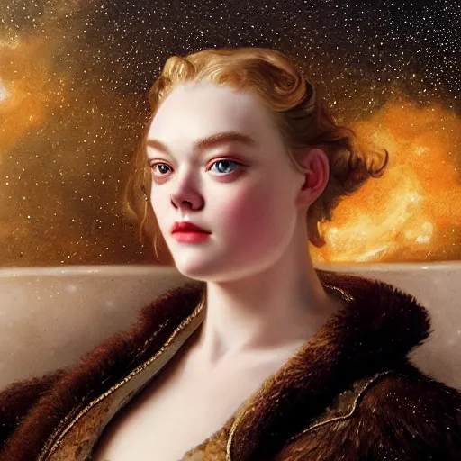 Image similar to leyendecker and peter paul rubens, head and shoulders portrait of a elle fanning, nighttime, at the pool, starry sky, unreal engine, fantasy art by global illumination, radiant light, detailed and intricate environment