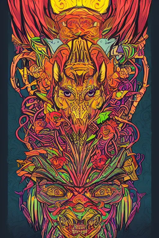 Image similar to animal mask totem roots flower tribal feather gemstone plant wood rock shaman vodoo video game vector cutout illustration vivid multicolor borderlands comics by josan gonzales and dan mumford radiating a glowing aura