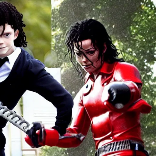 Prompt: tom holland fighting michael jackson with a chainsaw