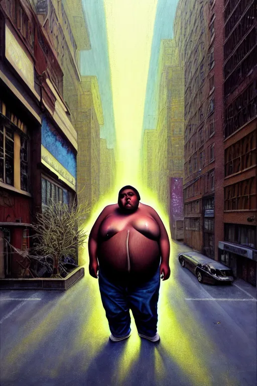 Image similar to hyperrealistic mixed media painting of a morbidly obese man, full body, on an empty city street at midnight, shame, stunning 3d render inspired art by P. Craig Russell and Barry Windsor-Smith + perfect facial symmetry + dim volumetric lighting, 8k octane beautifully detailed render, post-processing, extremely hyperdetailed, intricate, epic composition, grim yet sparkling atmosphere, cinematic lighting + masterpiece, trending on artstation, very very detailed, masterpiece, stunning