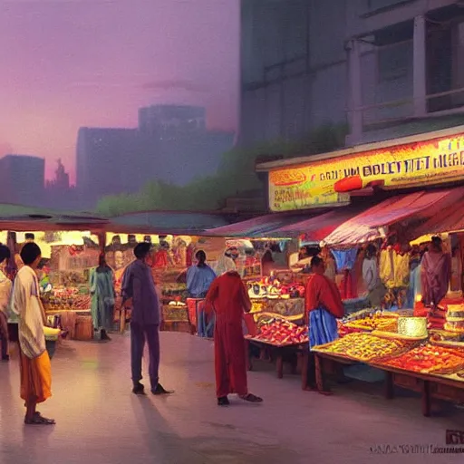 Image similar to an immaculate digital matte painting by Robin White of a placid asian street market scene at dusk.