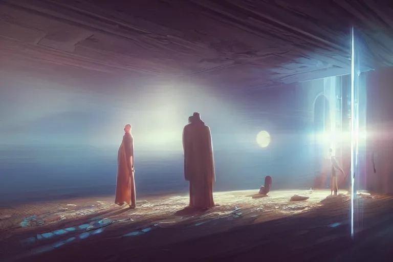 Prompt: a dramatic shot of a secret meeting. incredible voluminous indirect soft glow cinematic lighting, hyperdetailed features, movie still, intricate, octane render, unreal engine, crepuscular rays, god rays, by beeple and rhads and donato giancola