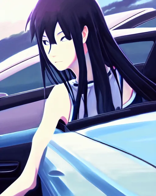 Image similar to a ultradetailed beautiful painting of a stylish woman driving a car, by makoto shinkai, trending on artstation
