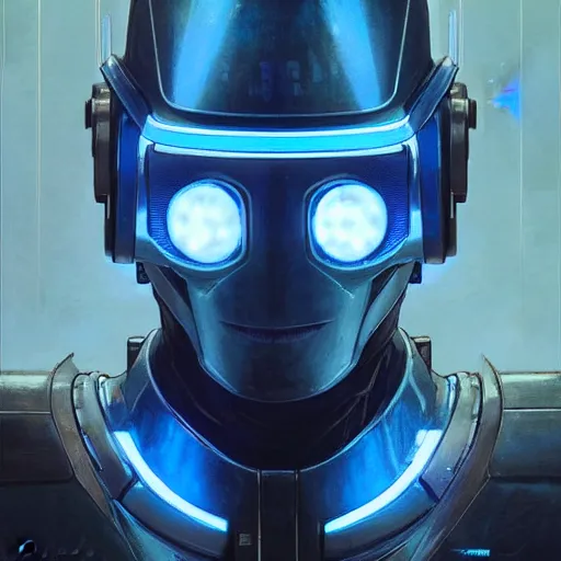 Image similar to robot with glowing blue visor as a realistic scifi cyberpunk knight, closeup portrait art by donato giancola and greg rutkowski, realistic face, digital art, trending on artstation, symmetry!!!