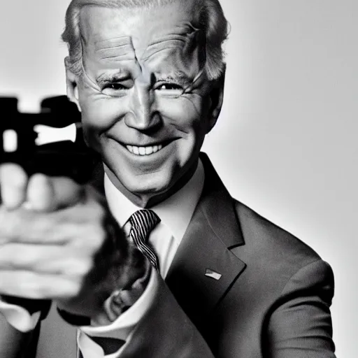 Prompt: Joe Biden posing with an assault rifle, black and white, 8k, epic camera shot