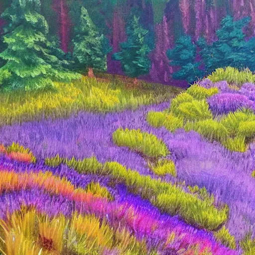 Prompt: cozy meadow at the base of a mountain. Vibrant. Bright harmonic color tone with cascading disposition. Accurate geometric light rays, realistic diffusion. Oil on vellum.