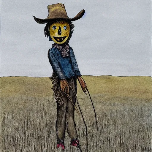 Image similar to a scarecrow in a field in the style of andrew wyeth