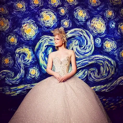 Image similar to Stunning photograph of a model wearing magnificent and ethereal ball gown inspired by Van Gogh's Starry Night. Studio lighting