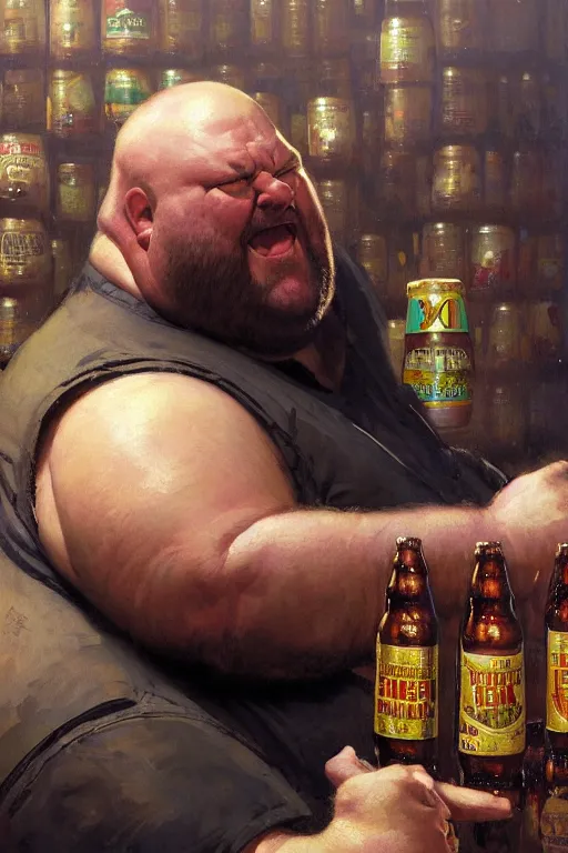 Prompt: hyper realistic portrait of a hugely fat ugly bald man watching fox news surrounded by beer cans, portrait dnd, painting by gaston bussiere, craig mullins, greg rutkowski, yoji shinkawa