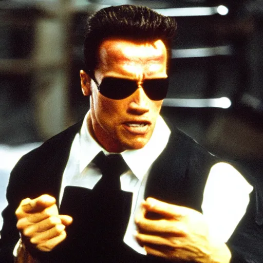 Image similar to arnold schwarzenegger as neo in the matrix