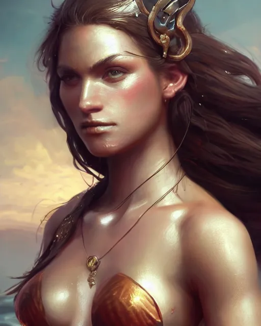 Image similar to A beautiful womanly warrior wearing a magical bikini posing on a boat, beautiful face, highly detailed face, close-up, fantasy art, in the style of greg rutkowski, illustration, epic, fantasy, intricate, hyper detailed, artstation, concept art, smooth, sharp focus, ray tracing