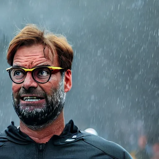 Prompt: jurgen klopp as iron man, unmasked, movie still, cinematic, photorealistic, extreme detail, sharp focus, 8 k, rain, close up, anamorphic lens, lighting, dark