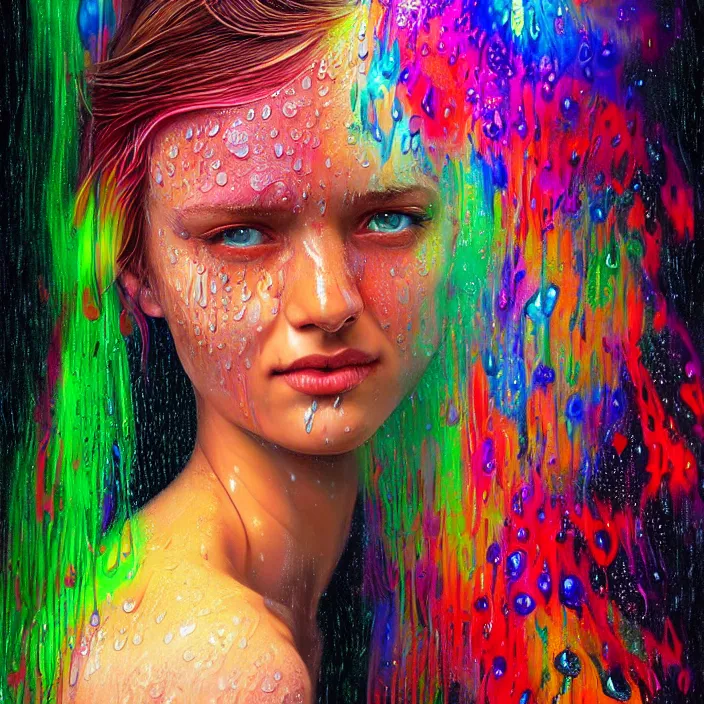 Image similar to bright psychedelic portrait with rain on face and wet hair, wings, smiling, diffuse lighting, fantasy, intricate, elegant, highly detailed, lifelike, photorealistic, digital painting, artstation, illustration, concept art, smooth, sharp focus, art by John Collier and Albert Aublet and Krenz Cushart and Artem Demura and Alphonse Mucha