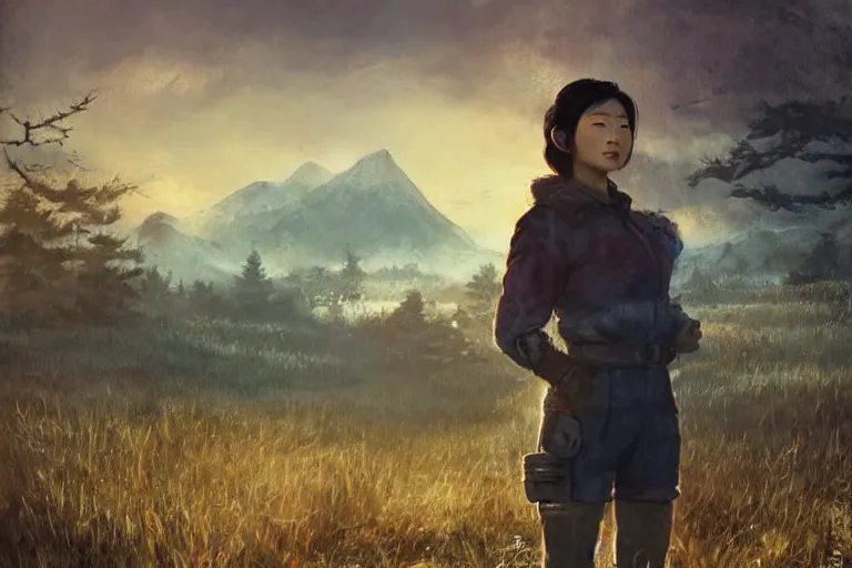 Prompt: fallout 5, charismatic beautiful rugged asian female protagonist, portrait, outdoors japanese rural countryside, atmospheric lighting, painted, intricate, volumetric lighting, daytime, winter, clear weather, mutated wildlife, golden hour, sharp focus, deep colours, ultra detailed, art by william turner