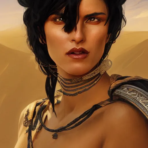 Prompt: portrait of a berber tiefling woman with black hair in a desert, strong, fierce, elegant, fantasy, highly detailed, digital painting, artstation, concept art, character art, art by greg rutkowski and tyler jacobson and alphonse mucha