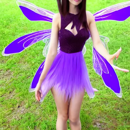 Image similar to very very very beautiful tiny fairy woman in her 20s with fairy wings wearing skintight purple dress, making eye contact, smiling, flirty, perfect body, perfect face, hyperrealistic