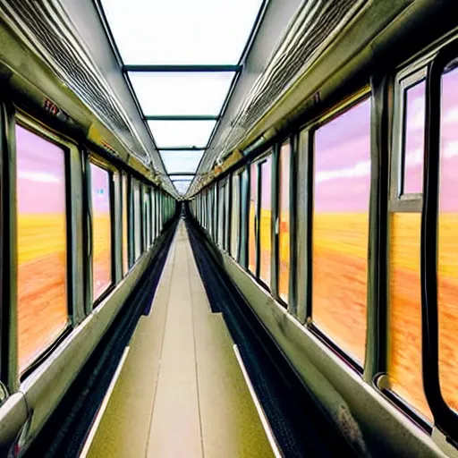 Image similar to a inside of a train hallway the train hallway is empty and train is moving the window view is a sunset view of a beautiful landscape