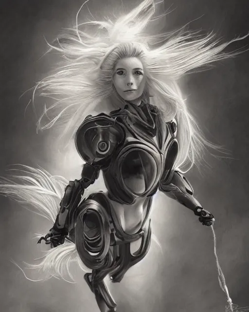 Prompt: pencil drawing of beautiful cat - robo woman goddess, beautiful blonde hair flying in the wind, hyper realistic face, in the style of greg rutkowski, fantasy, amazing detail, epic, elegant, smooth, sharp focus, from the front