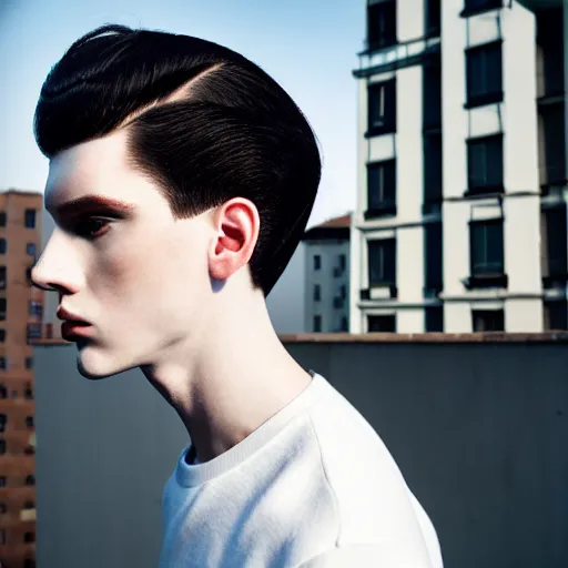 Image similar to un ultra high definition fashion editorial photographic portrait of a pale young man with black hair standing on the rooftop of an apartment building wearing all eclectic clothes. three point light. extremely detailed. stark. nostalgic. golden hour, golden ratio, ray tracing, volumetric light, shallow depth of field.