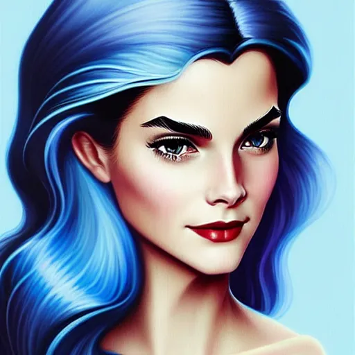 Image similar to A combination of Grace Kelly's and Emma Watson's and Victoria Justice's faces with blue hair as She-Ra, western, D&D, fantasy, intricate, elegant, highly detailed, digital painting, artstation, concept art, matte, sharp focus, illustration, art by Artgerm and Greg Rutkowski and Alphonse Mucha