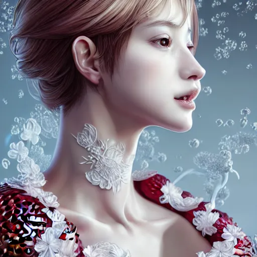 Image similar to the portrait of an absurdly beautiful, graceful, elegant, sophisticated, fashionable young gravure idol made of strawberries and white petals, an ultrafine hyperdetailed illustration by kim jung gi, irakli nadar, intricate linework, bright colors, octopath traveler, final fantasy, unreal engine 5 highly rendered, global illumination, radiant light, detailed and intricate environment