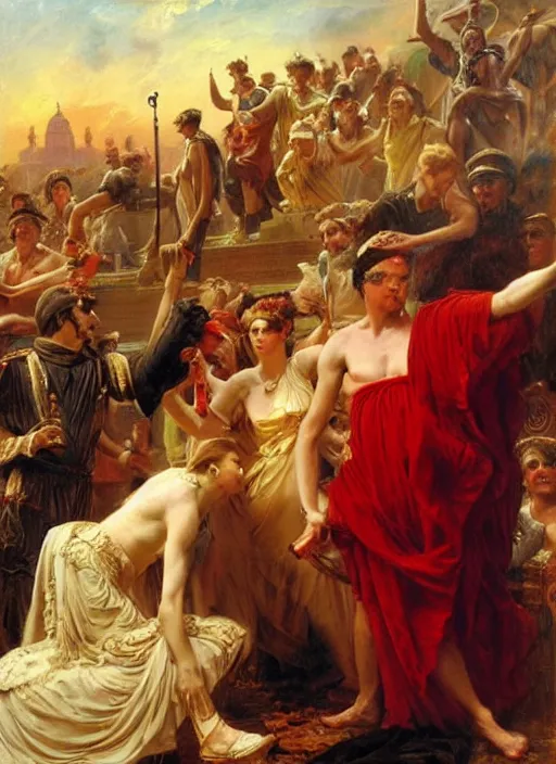 Image similar to julius caesar taking a selfie as rome burns behind him by vladimir volegov and alexander averin and pierre auguste cot and delphin enjolras