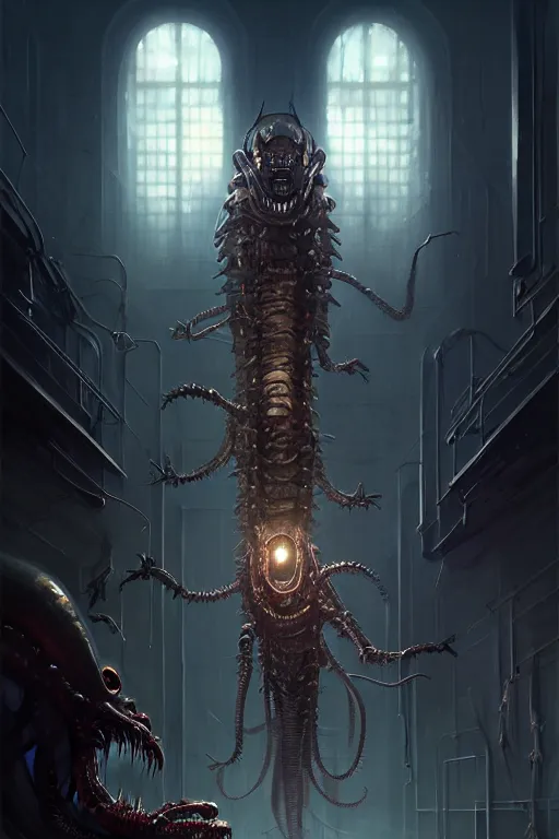 Image similar to professional concept art of a creepy family horrendous mechanical predatory! species in a dark room by artgerm and greg rutkowski. an intricate, elegant, highly detailed digital painting, concept art, smooth, sharp focus, illustration, background environment