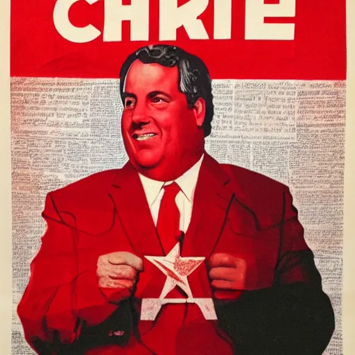 Prompt: chris christie. soviet propaganda poster. soviet realism. monochromatic red. cheap printing, fading ink, torn edges