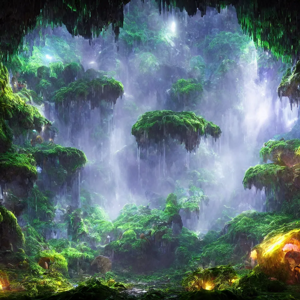 Image similar to a beautiful and stunning digital render of an epic glowing crystal cave, a lush prehistoric jungle, dimly glowing mushrooms, haze, waterfall, volumetric lighting, photorealistic, unreal engine 5, ultra detail, trending on artstation