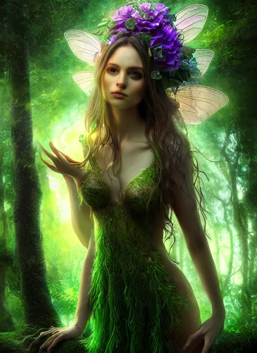 Image similar to beautiful full body portrait fairy faerie fey fae forest spirit highly detailed CGsociety subtle enchanting alluring magical concept art HDR hyper realistic volumetric lighting subsurface scattering unreal