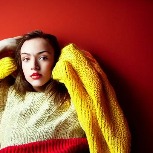 Image similar to a cozy photo of a woman. red yellow.