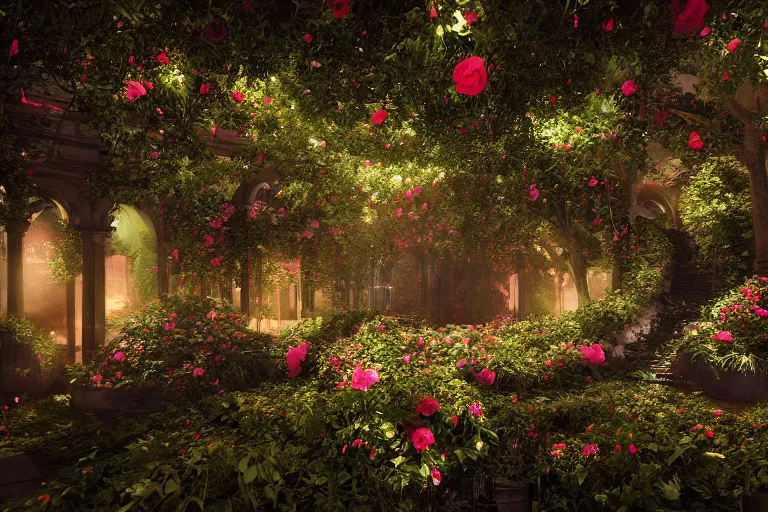 Prompt: garden of black roses, hyper realistic, ambient lighting, concept art, intricate, hyper detailed, smooth, dynamic volumetric lighting, octane, raytrace, cinematic, high quality, high resolution, 4 k, cgsociety, rutkowski, gurney