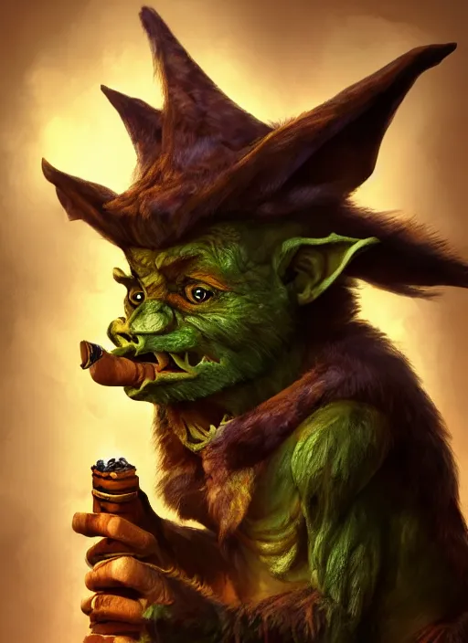 Image similar to dungeons & dragons illustration of furry goblin smoking a cigar, character portrait, unreal engine, hyper realism, realistic shading, cinematic composition, realistic render, octane render, detailed textures, photorealistic, wide shot