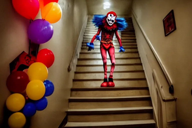 Prompt: Crazy clown monster dancing on the stairs, evil, real photo from the scene, real story, real photo, documentary, best horror movies, top horor games, Joker, pennywise, volumetric light