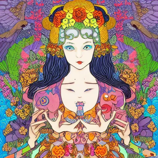 Prompt: a young NeoPagan Goddess of Spring, inside her temple, in a blended style by Junko Mizuno, Henry Darger, and Peter Chung, hyper detailed, colorful digital art, extremely fine inking lines