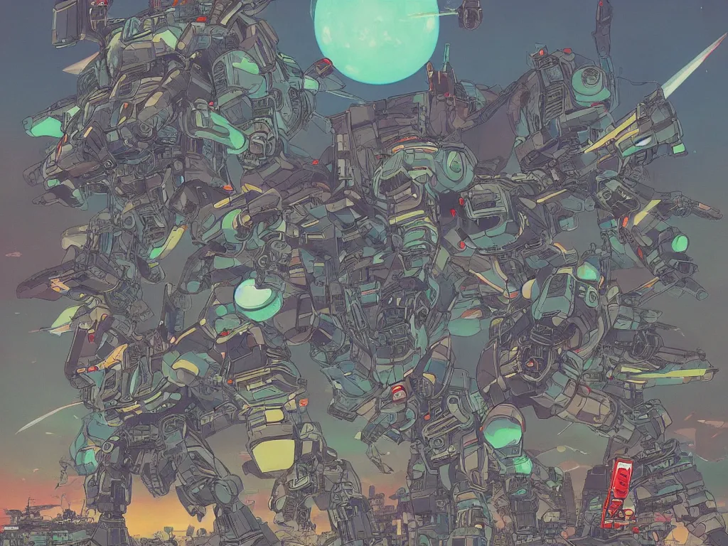 Prompt: mecha-turtle battle in neo-Tokyo, by Moebius and Studio Ghibli, trending on artstation