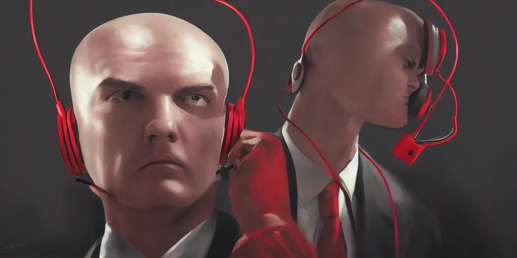 Prompt: agent 4 7 from hitman wearing headphones with wires everywhere listening to music, dark background, red rim light, smooth, sharp focus, art by irina french