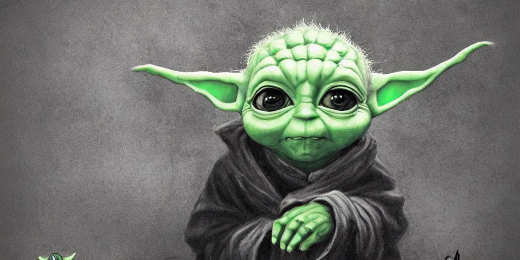 Prompt: Baby Yoda, Portrait, Very Cloudy Sky, Sun, Shadowy, Gothic, Low saturation colors, medieval woodcut, Cell Shaded, Bold lines, Outlines, Darkest Dungeon art style, Subject in Middle, Subject in center, Rule of Thirds, 4K, Chris Bourassa